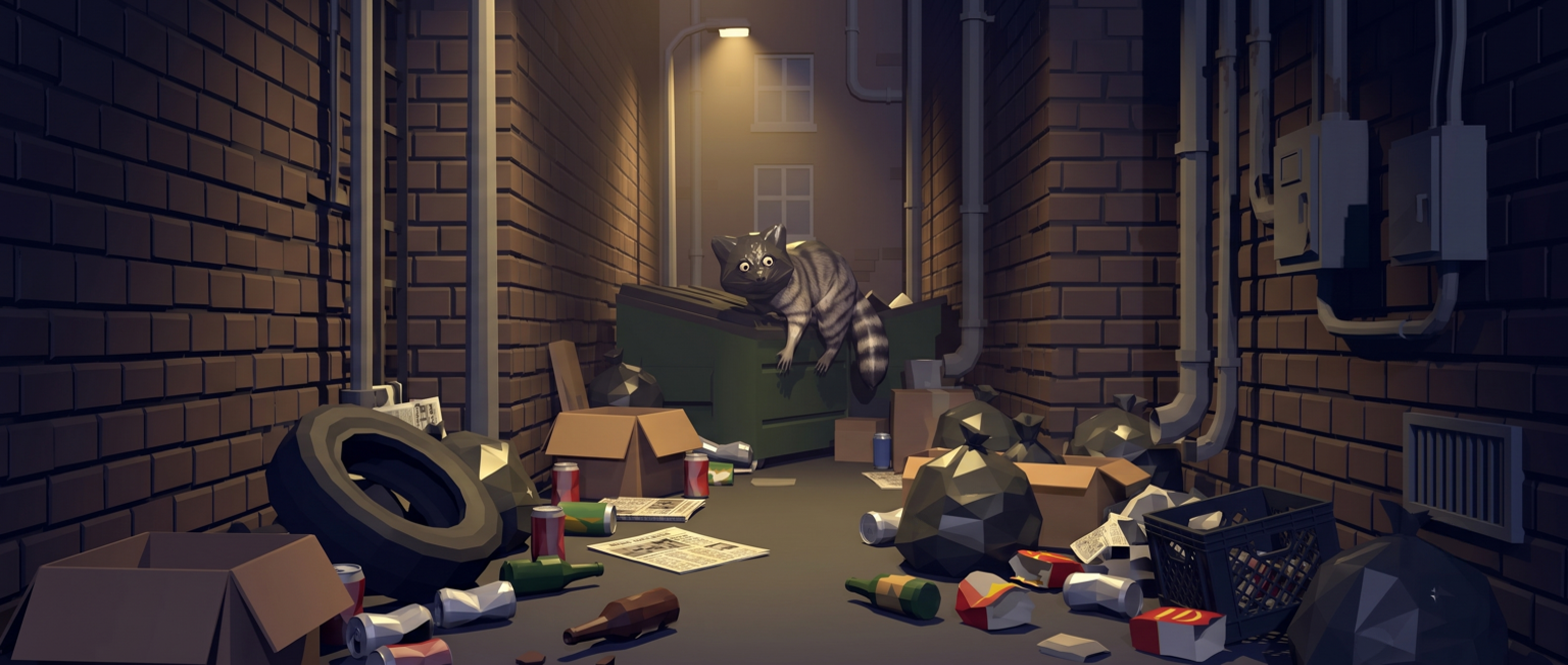 A raccoon climbing out of a dumpster